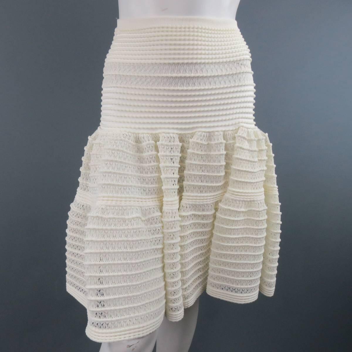 Women's ALAIA Size M Cream Mesh Knit Scoop Neck Ruffle Skirt Set