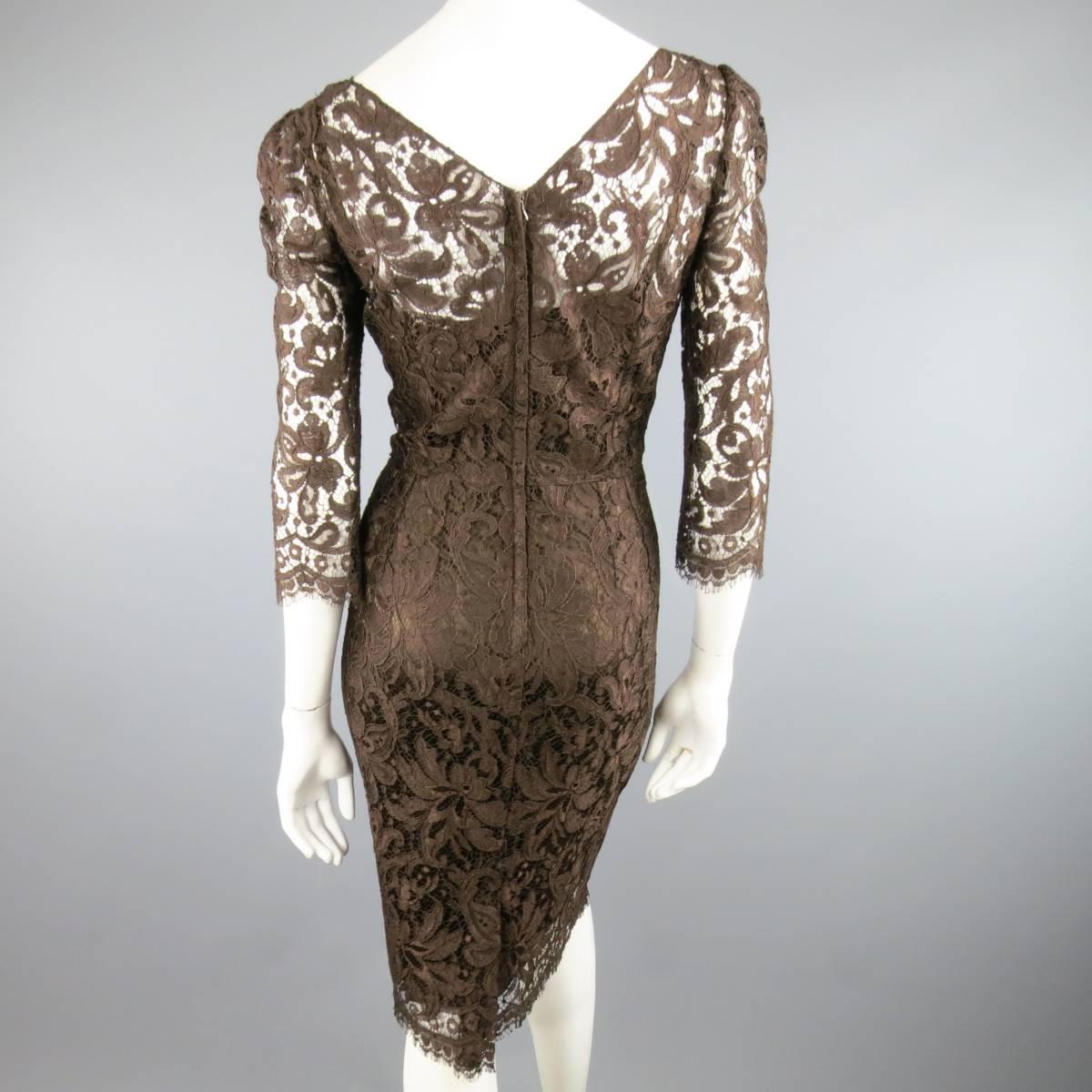 DOLCE & GABBANA Size 8 Brown Lace Scoop Neck 3/4 Sleeve Cocktail Dress 1