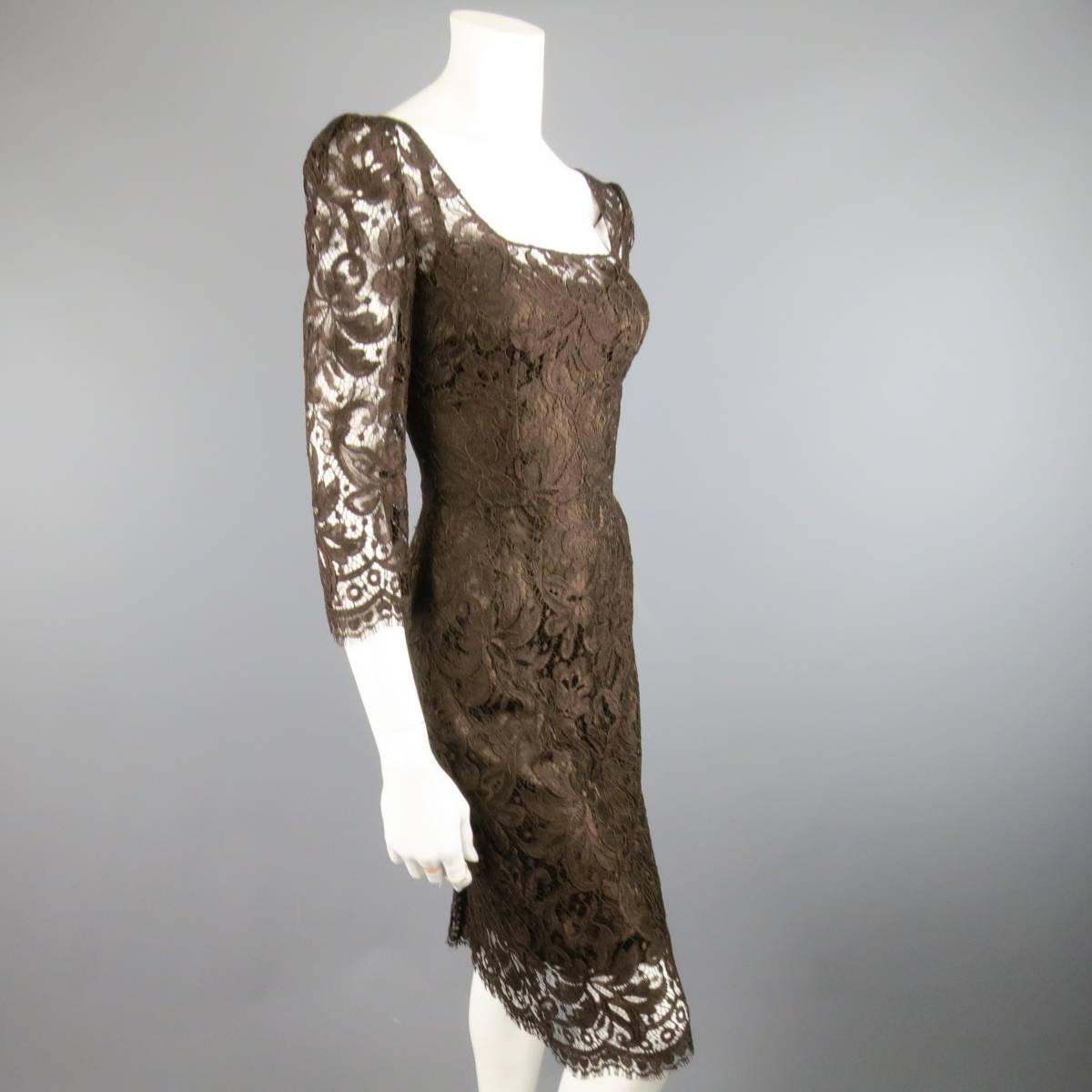 DOLCE & GABBANA Size 8 Brown Lace Scoop Neck 3/4 Sleeve Cocktail Dress In Excellent Condition In San Francisco, CA