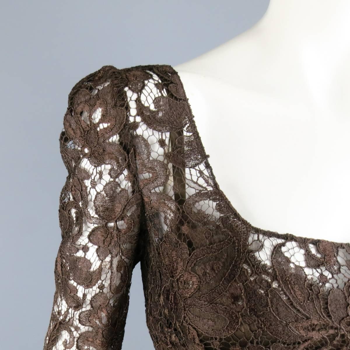 Black DOLCE & GABBANA Size 8 Brown Lace Scoop Neck 3/4 Sleeve Cocktail Dress