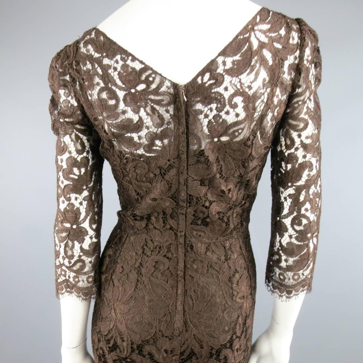 DOLCE & GABBANA Size 8 Brown Lace Scoop Neck 3/4 Sleeve Cocktail Dress 2