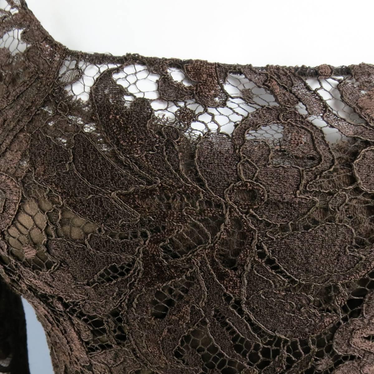 Women's DOLCE & GABBANA Size 8 Brown Lace Scoop Neck 3/4 Sleeve Cocktail Dress