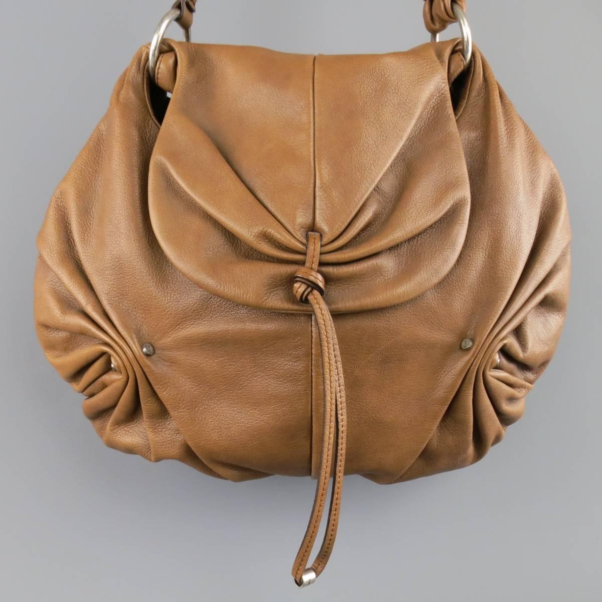 Vintage Fall 2003 YVES SAINT LAURENT by TOM FORD shoulder bag comes in a soft, textured, light brown leather and features a gathered flap snap closure, ruched side details with hardware, and shoulder strap with buckle. Wear throughout. As-Is. Made