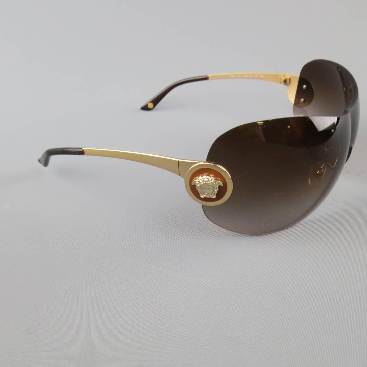 GIANNI VERSACE Brown Gold Tone Medusa Emblem Metal Sunglasses In Excellent Condition In San Francisco, CA