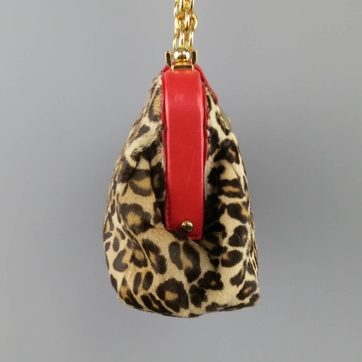 Beige ALEXANDER MCQUEEN Leopard Pony Hair Red Leather Gold Chain Shoulder Bag