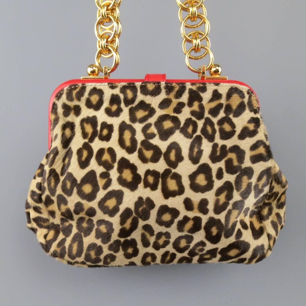 ALEXANDER MCQUEEN Leopard Pony Hair Red Leather Gold Chain Shoulder Bag In Good Condition In San Francisco, CA
