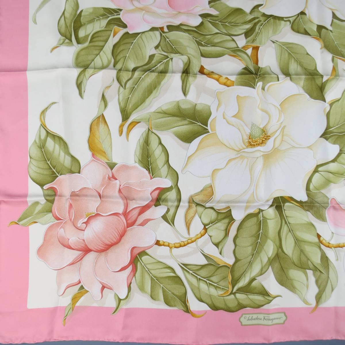 Beige SALVATORE FERRAGAMO Pink Floral Print Silk Scarf