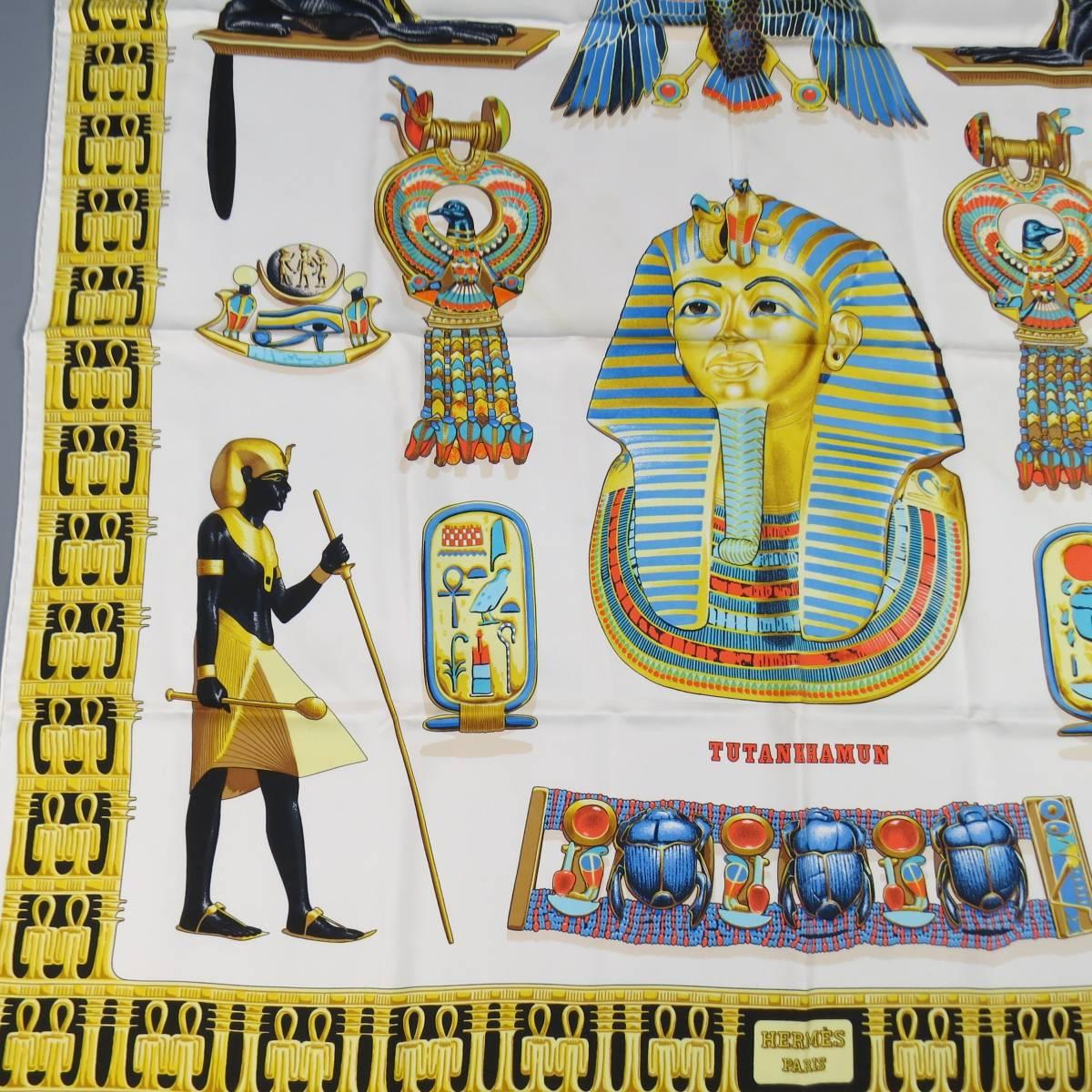Women's or Men's HERMES Cream & Gold Egyptian King Tut Print Silk Tutankhamun Scarf