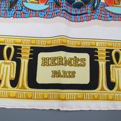 HERMES Cream & Gold Egyptian King Tut Print Silk Tutankhamun Scarf