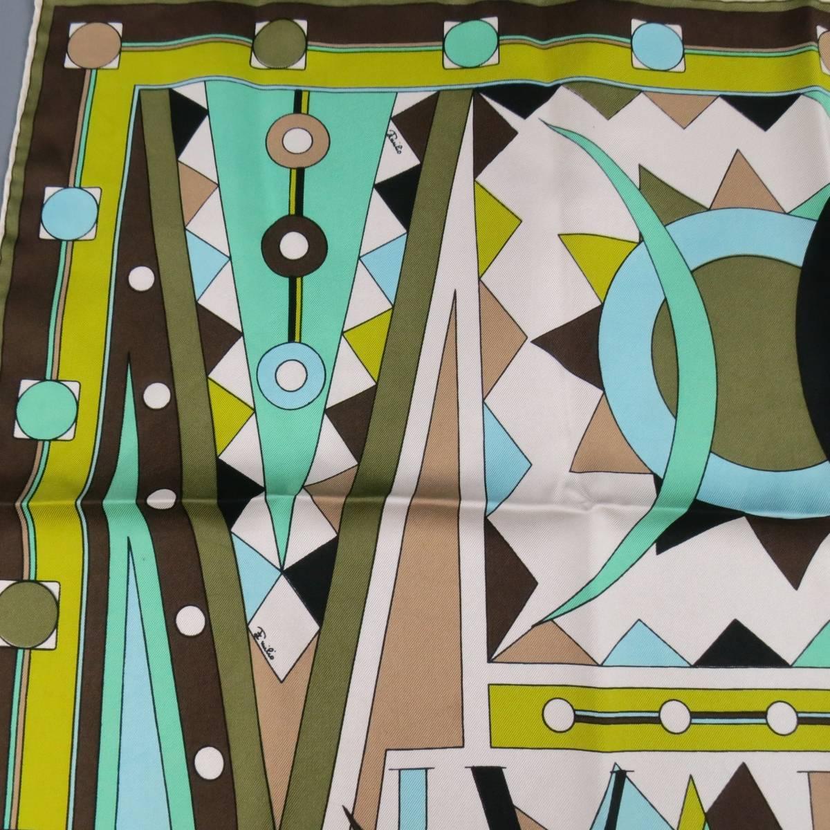 Gray Vintage EMILIO PUCCI Green Teal & Brown Geometric VIVARA Silk Scarf