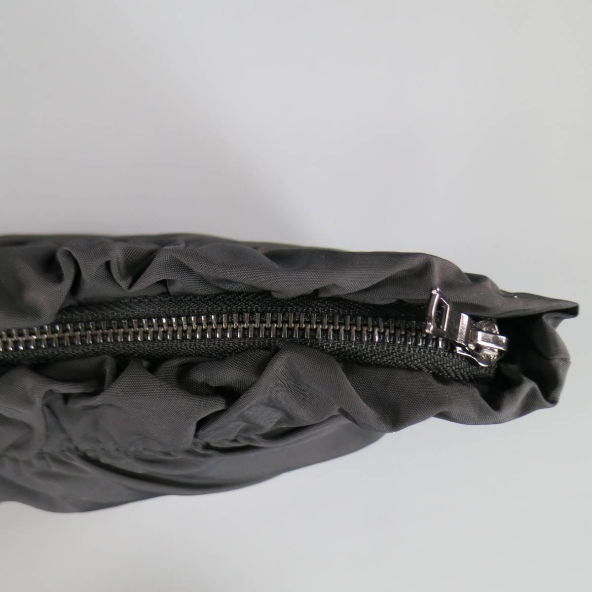 ELIE TAHARI Black Gathered Nylon Crystal Flower Ruffle Clutch Handbag 2