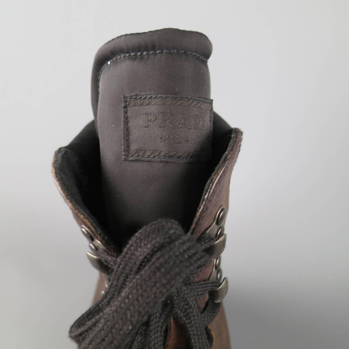 Gray Men's PRADA Size 13 Brown Leather & Black Nylon Hiking Boots