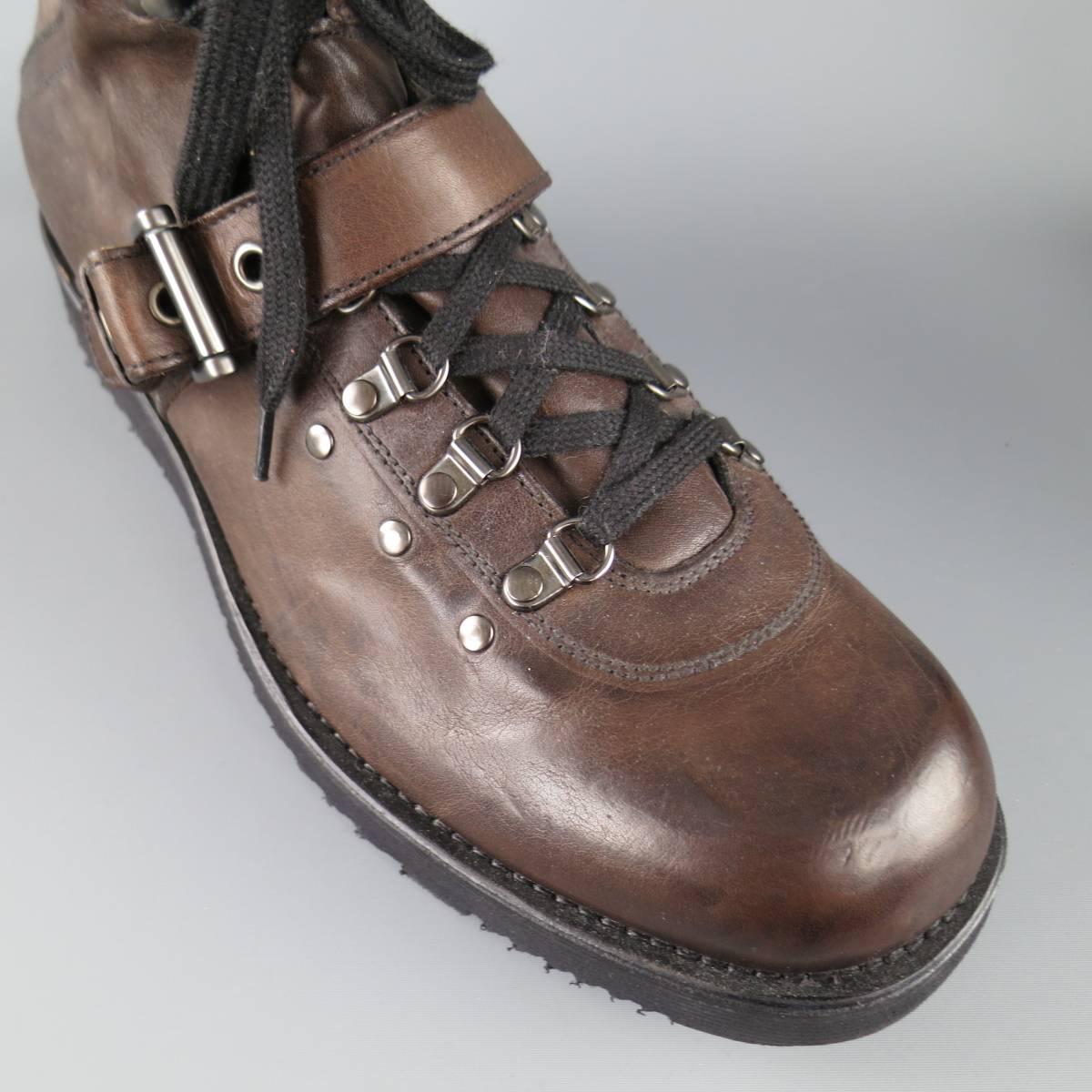 Men's PRADA Size 13 Brown Leather & Black Nylon Hiking Boots In Excellent Condition In San Francisco, CA