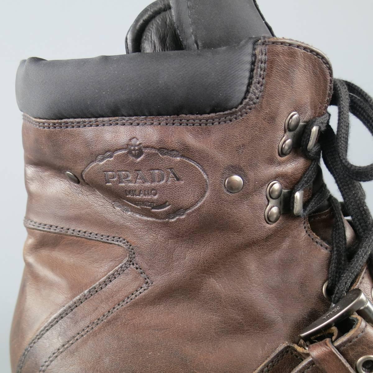 Men's PRADA Size 13 Brown Leather & Black Nylon Hiking Boots 1