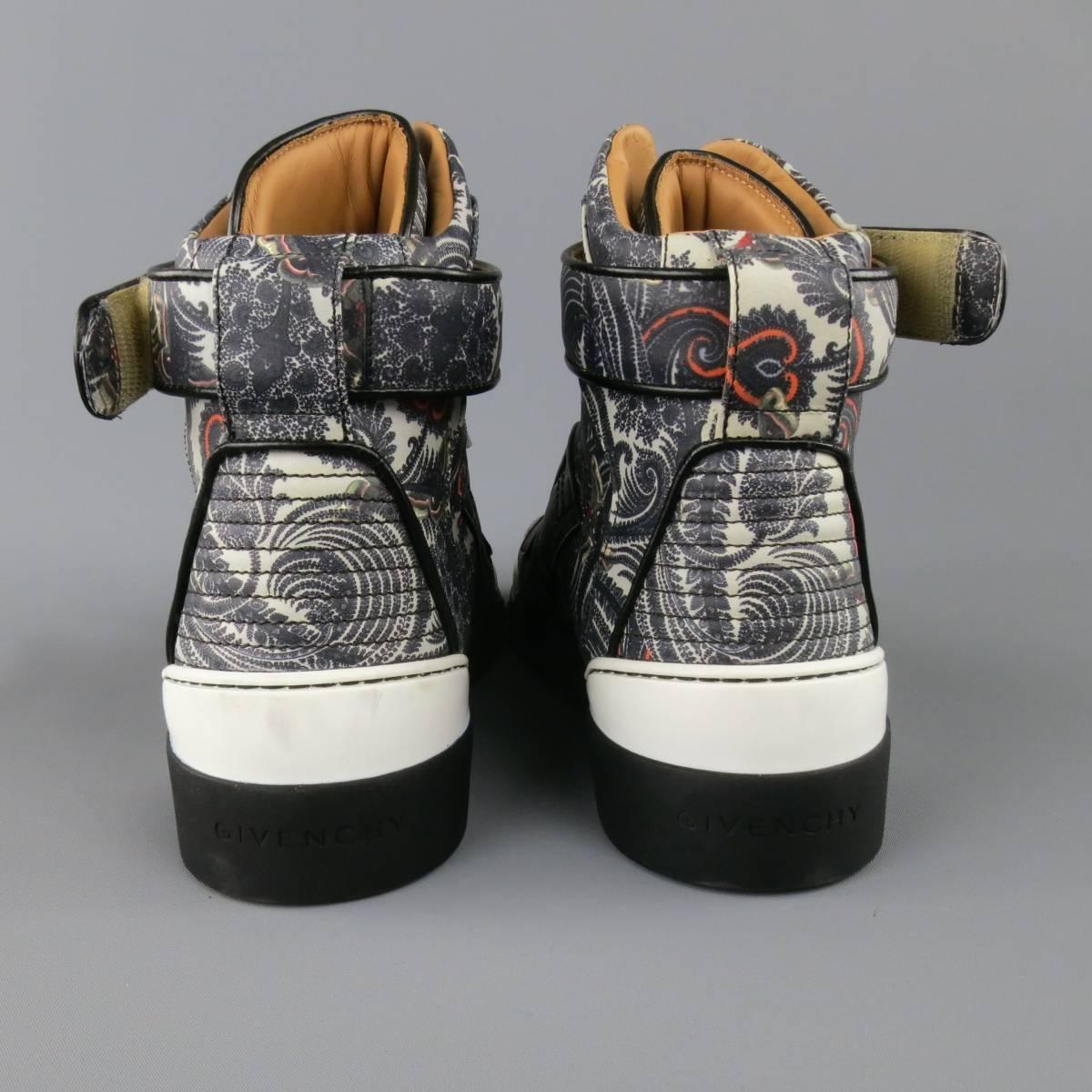 GIVENCHY Size 10 Grey Paisley Butterfly Print Leather Tyson High Top Sneaker In New Condition In San Francisco, CA