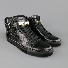 Baskets hautes BUSCEMI en cuir noir gaufré à l'alligator 100 mm pour homme, taille 8