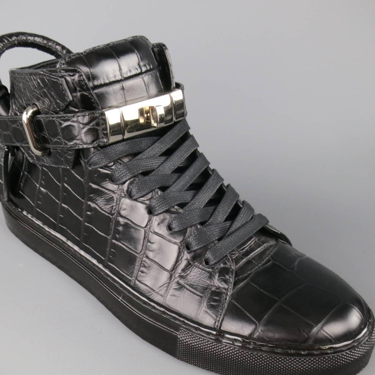 Men's BUSCEMI Size 8 Black Aligator Embossed Leather 100mm High Top Sneakers In Excellent Condition In San Francisco, CA