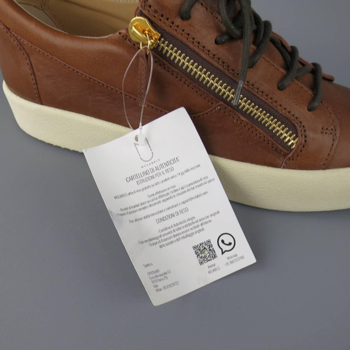 GIUSEPPE ZANOTTI Size 12 Brown Leather Frankie Doubel Zip Sneakers 1