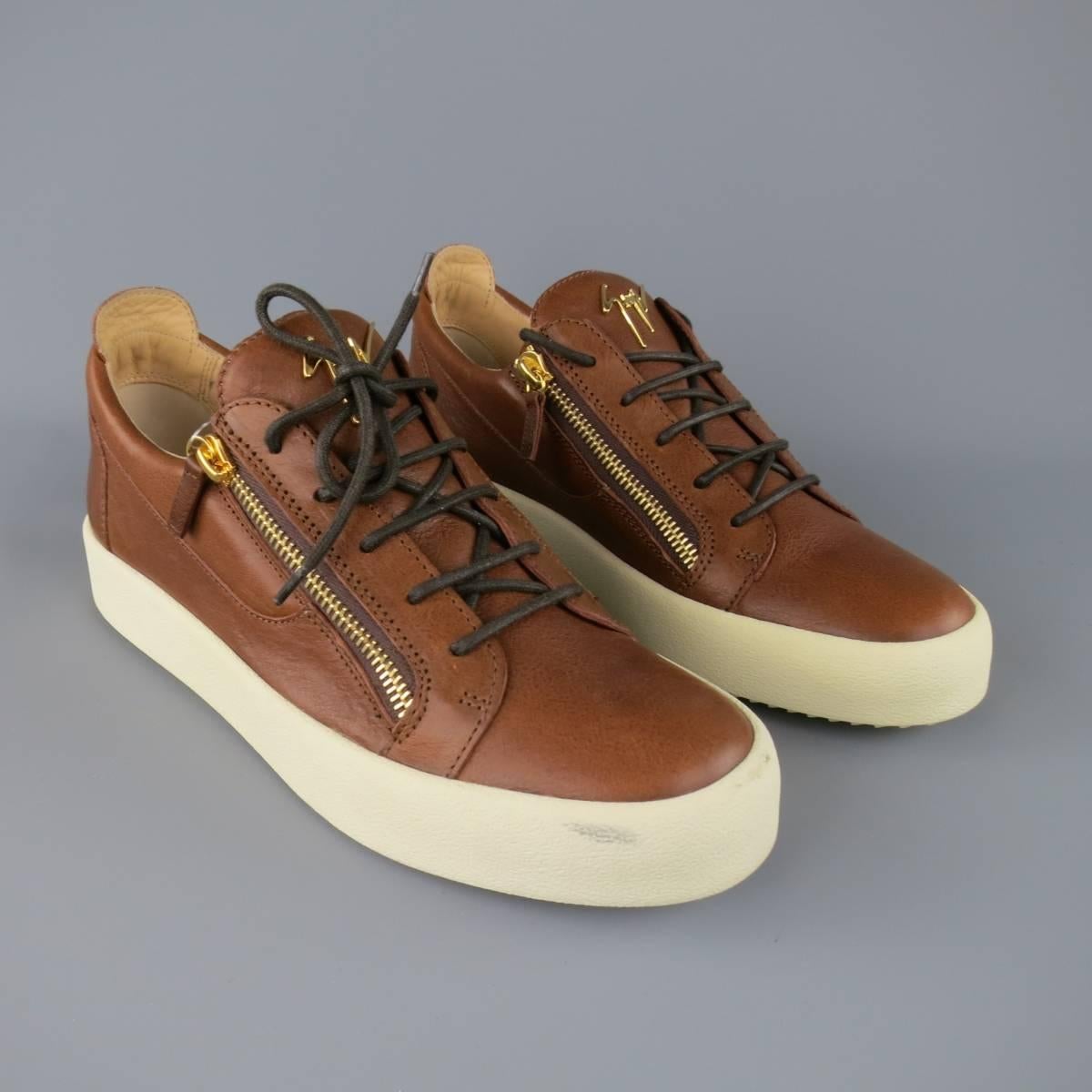 Beige GIUSEPPE ZANOTTI Size 12 Brown Leather Frankie Doubel Zip Sneakers