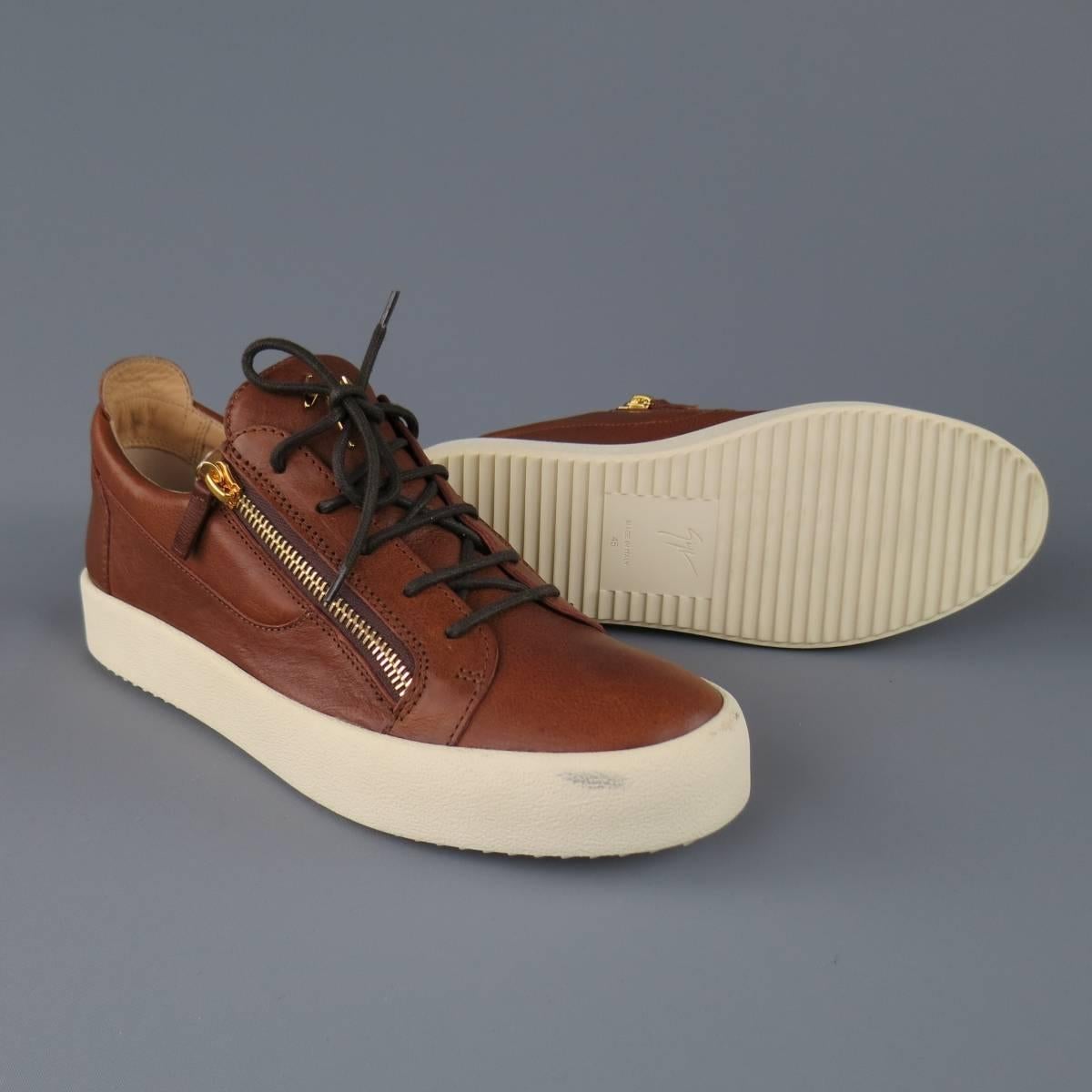 GIUSEPPE ZANOTTI Size 12 Brown Leather Frankie Doubel Zip Sneakers In Excellent Condition In San Francisco, CA