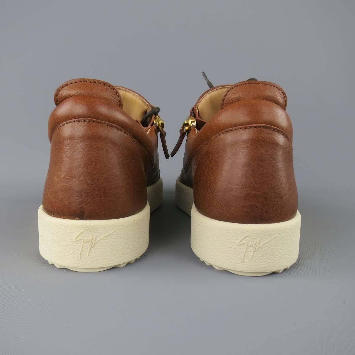 GIUSEPPE ZANOTTI Size 12 Brown Leather Frankie Doubel Zip Sneakers 3