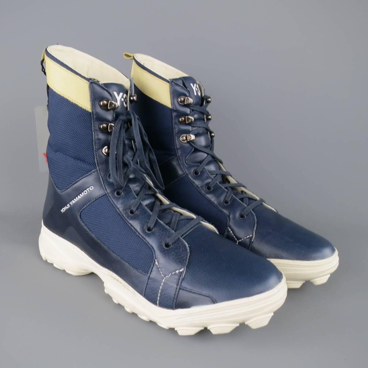 Men's Y-3 by YOHJI YAMAMOTO Size 12 Navy Leather & Mesh White Sole Combat Boots