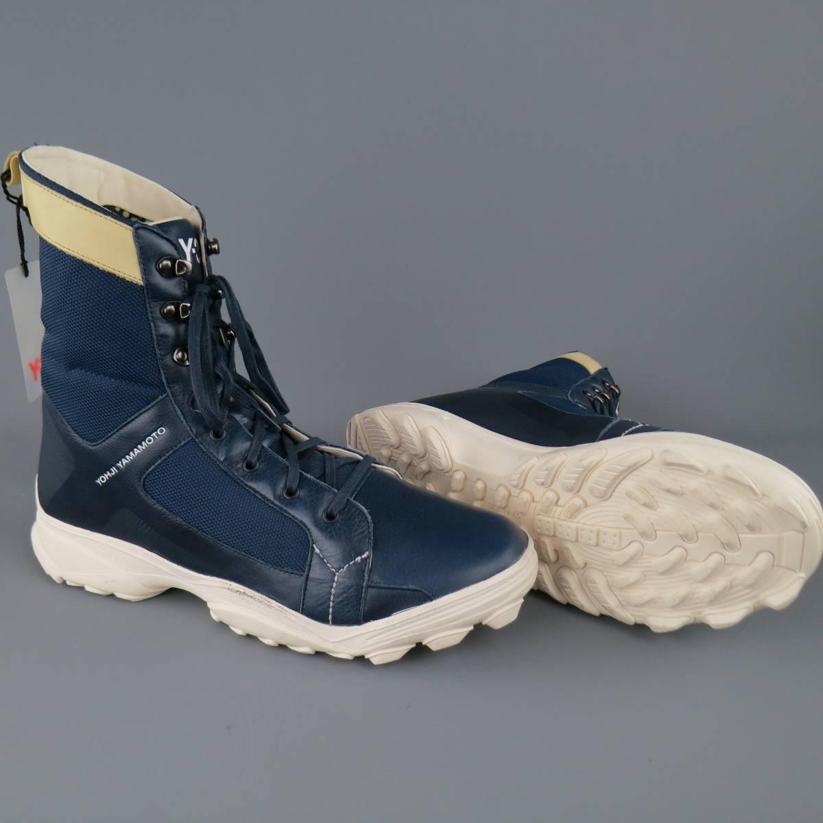 Y-3 by YOHJI YAMAMOTO Size 12 Navy Leather & Mesh White Sole Combat Boots 1
