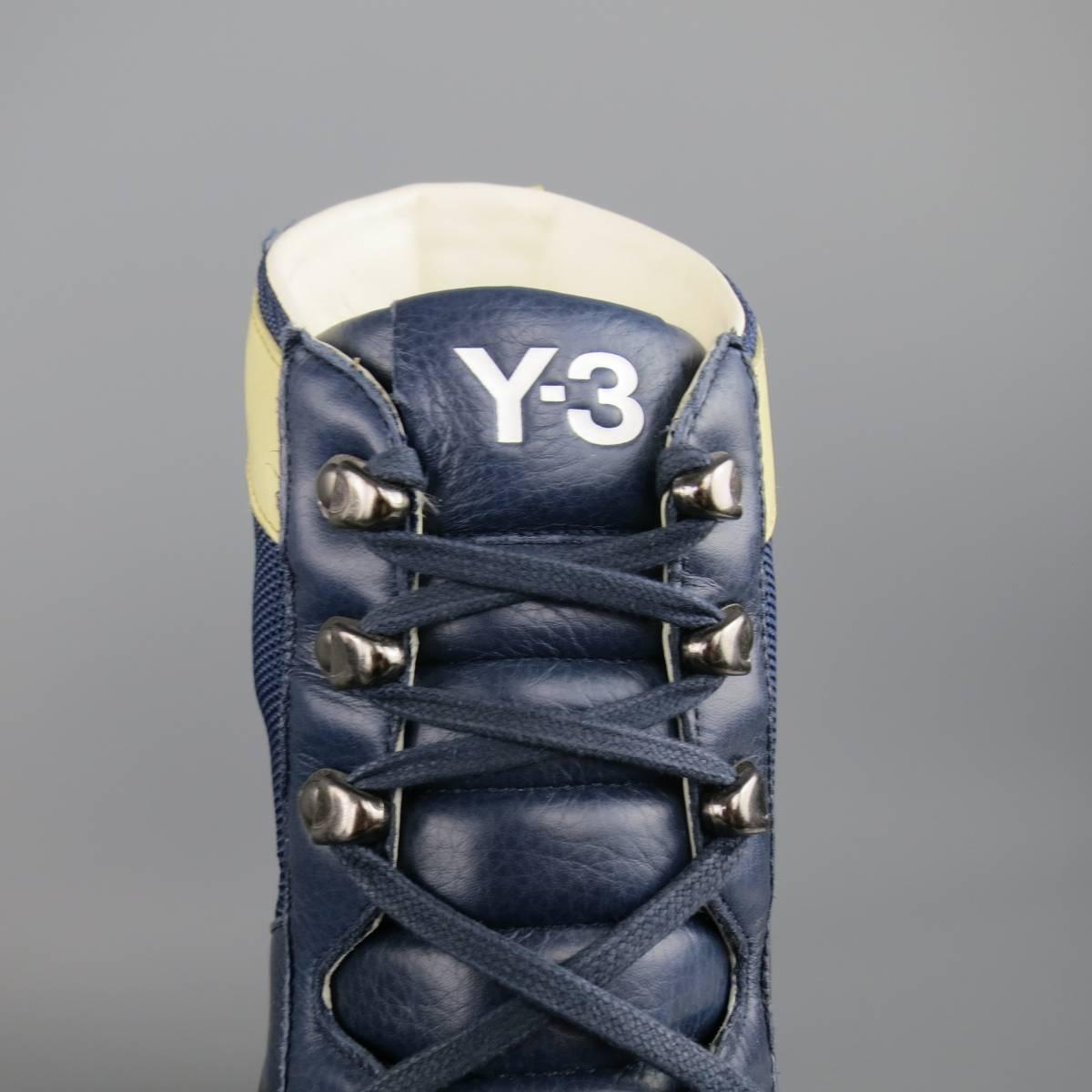 Black Y-3 by YOHJI YAMAMOTO Size 12 Navy Leather & Mesh White Sole Combat Boots