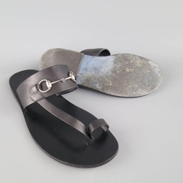 Men's GUCCI Size 11 Black Leather Silver Horsebit Toe Strap Sandals at 1stDibs | gucci toe ring 