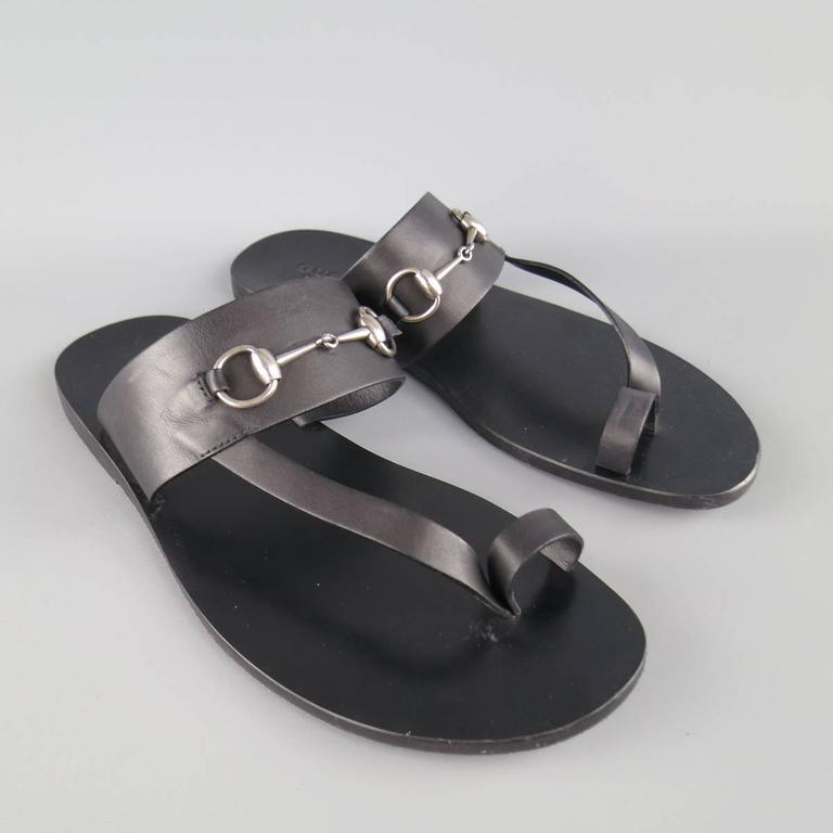 Men's GUCCI Size 11 Black Leather Silver Horsebit Toe Strap Sandals at