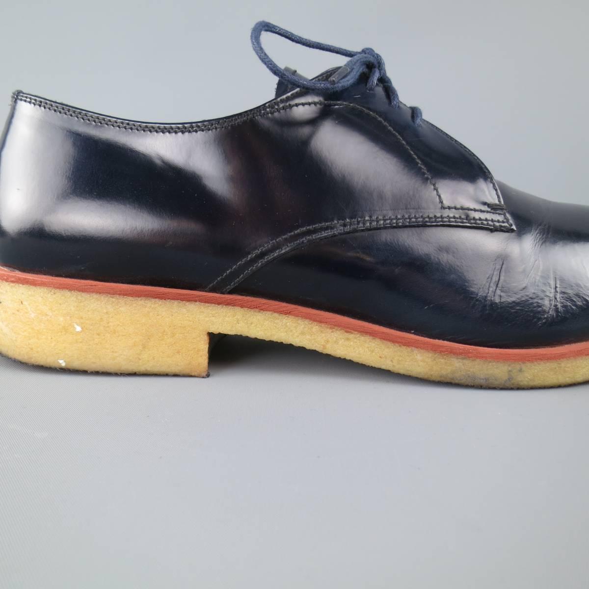 Black Men's PRADA Size 11.5 Navy Polished Leather Beige Crepe Sole Lace Up