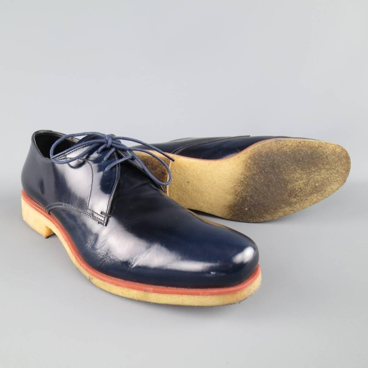 Men's PRADA Size 11.5 Navy Polished Leather Beige Crepe Sole Lace Up In Fair Condition In San Francisco, CA