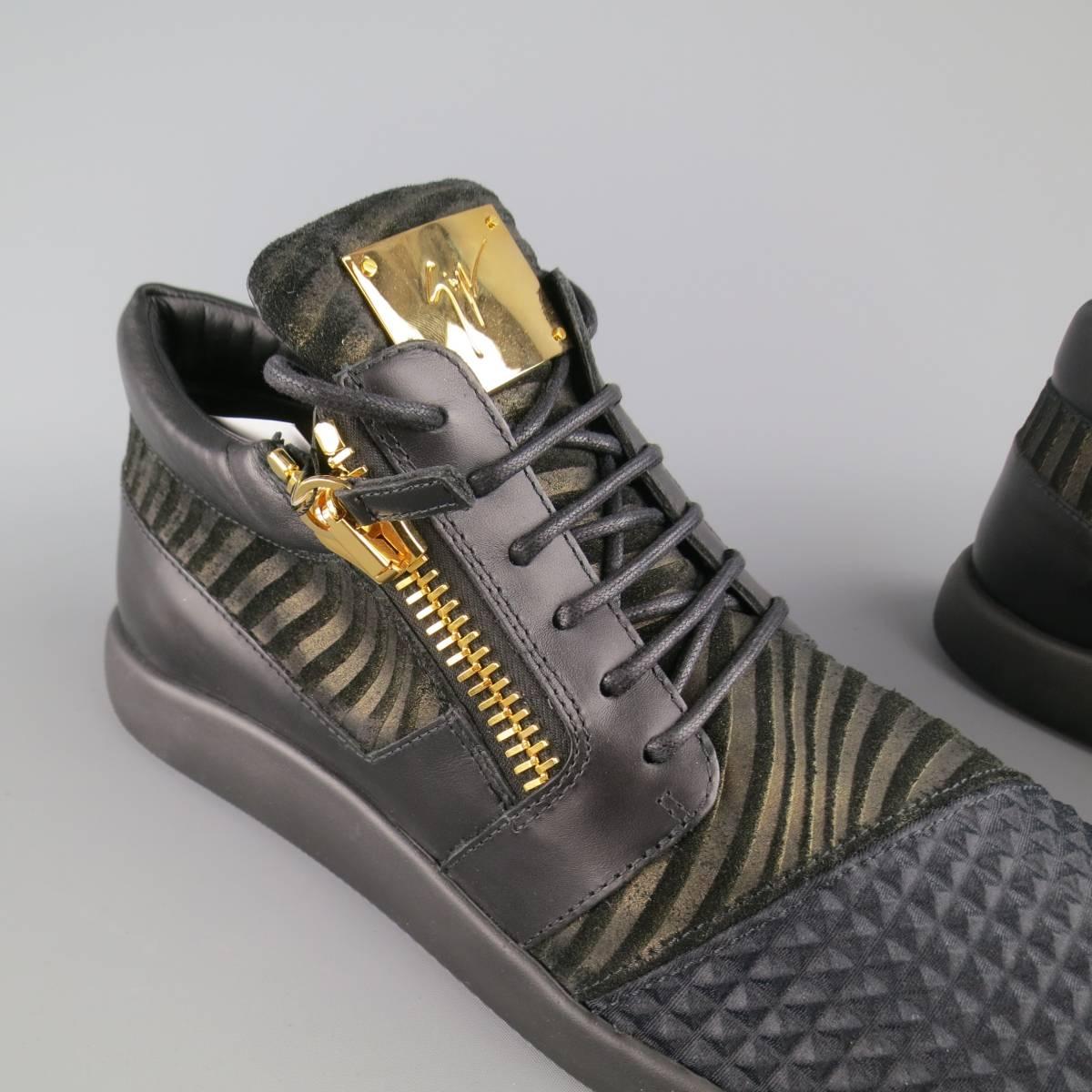 Men's GIUSEPPE ZANOTTI Size 12 Black & Gold Textured Runner Sneakers In New Condition In San Francisco, CA