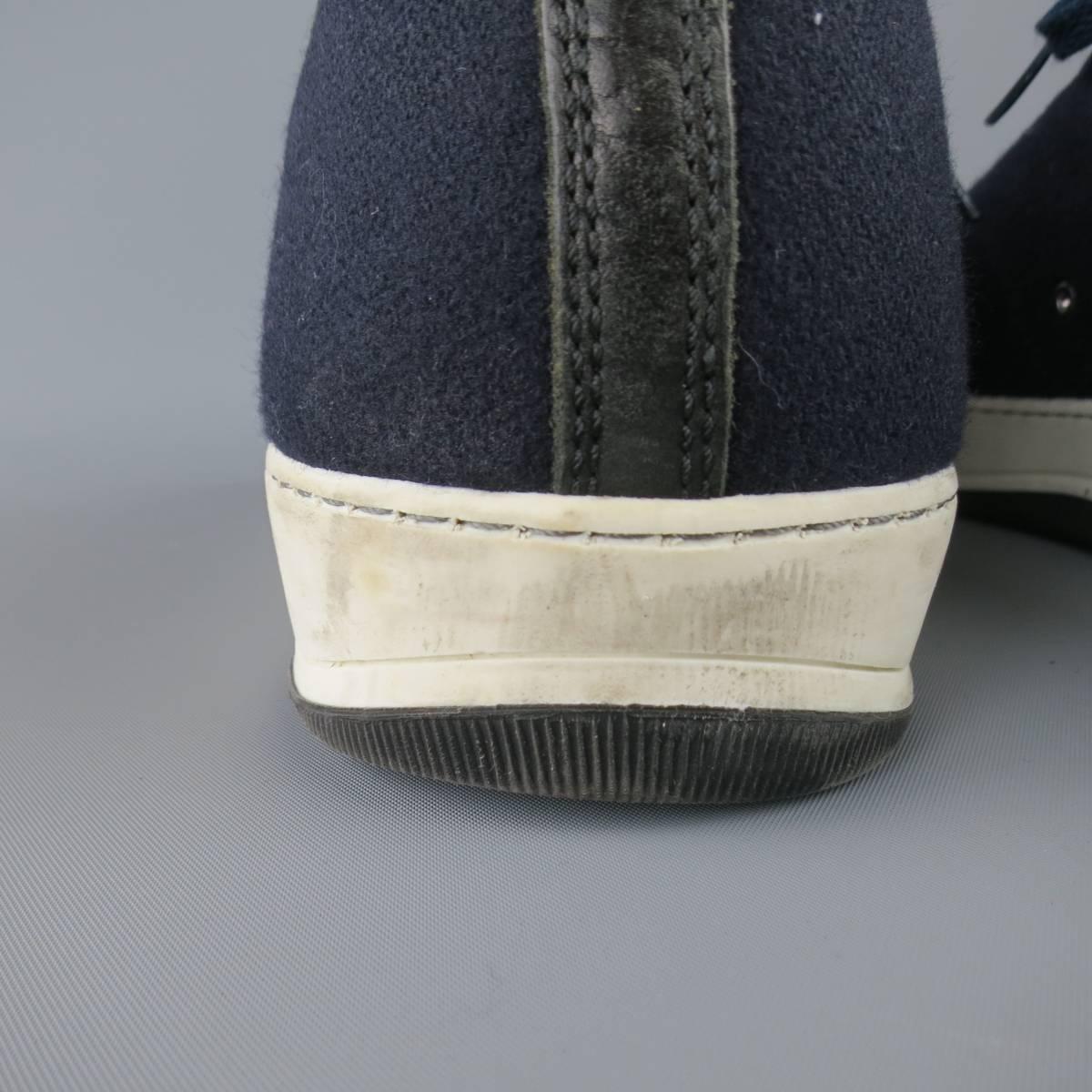 Men's LANVIN Size 12 Navy & Black Wool & Embossed Leather Cap Toe Sneakers 3
