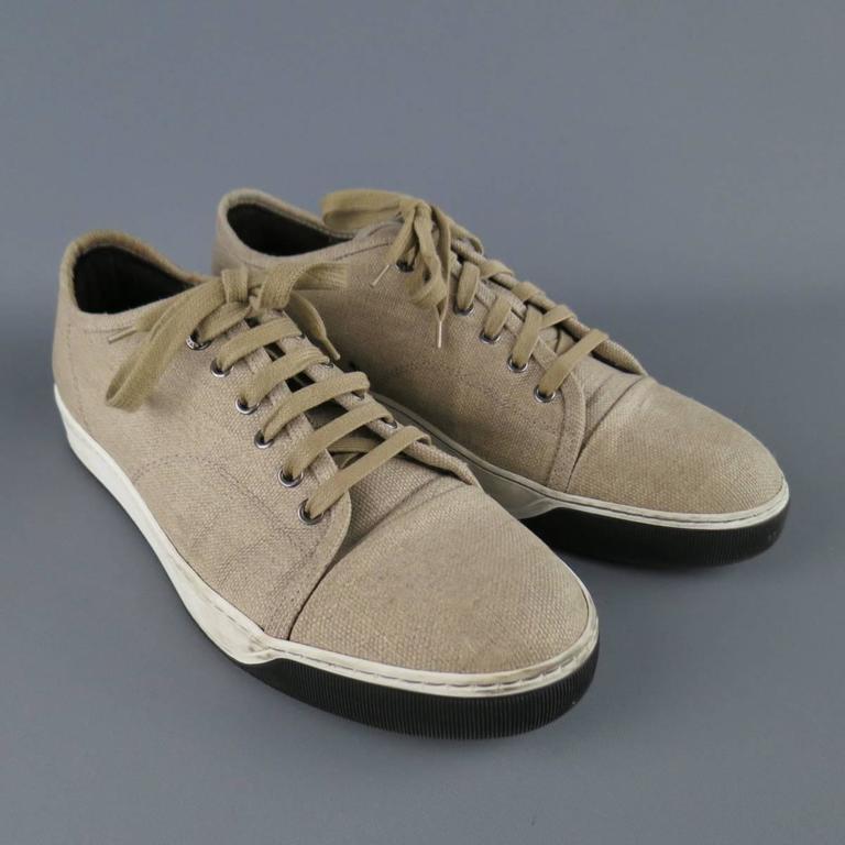 LANVIN Sneakers Men's Size 8 Beige Woven Canvas Cap Toe Trainers at