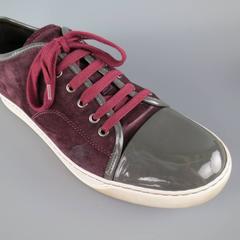 Men's LANVIN Size 10 Burgundy Suede Charcoal Patent Leather Cap Toe Sneakers