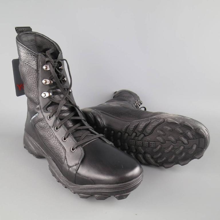 Men's Y3 YOHJI YAMAMOTO Size 12 Black Leather Tall Combat Boots at