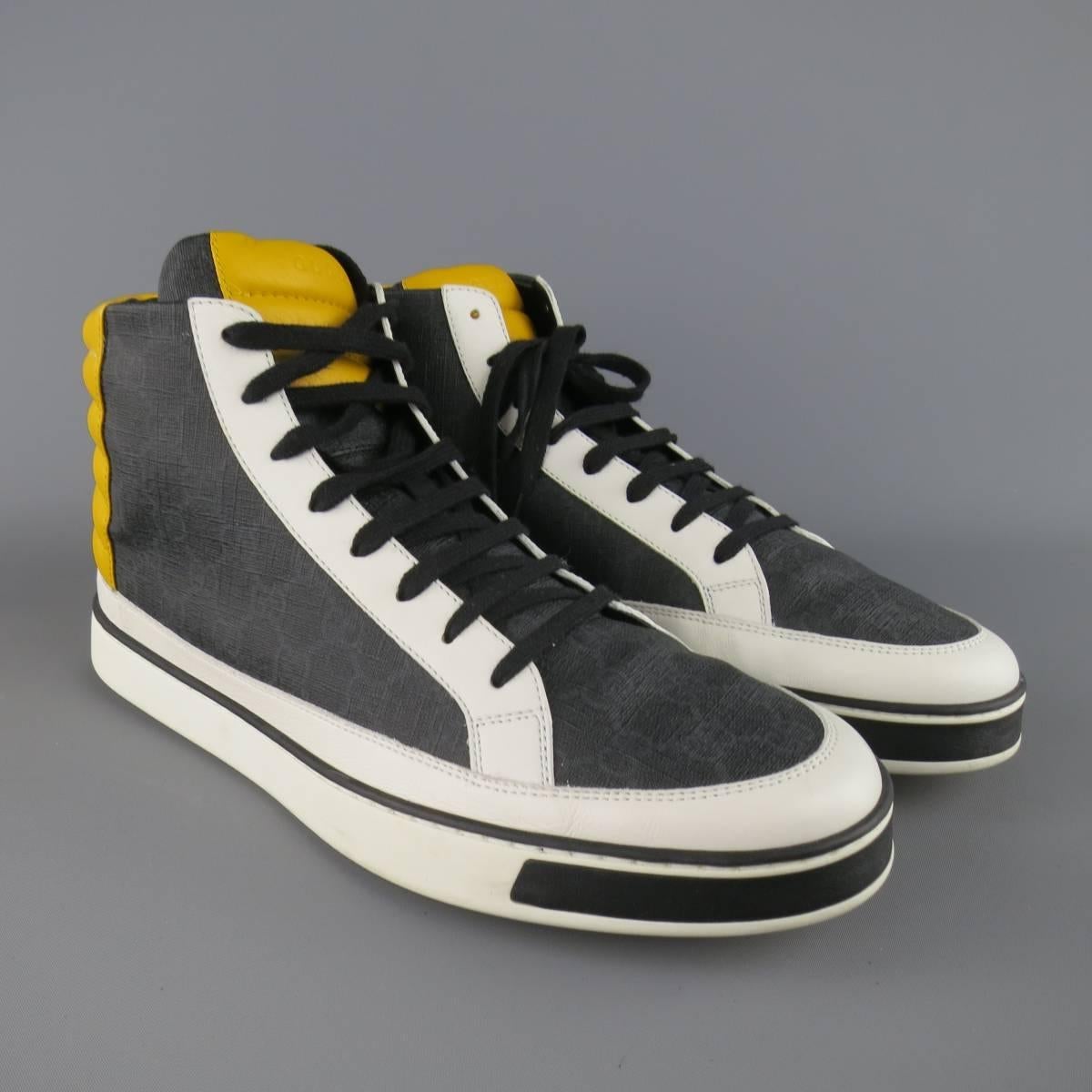 Men's GUCCI Size 13.5 White & Yellow Navy Monogram Leather High Top Sneakers 1