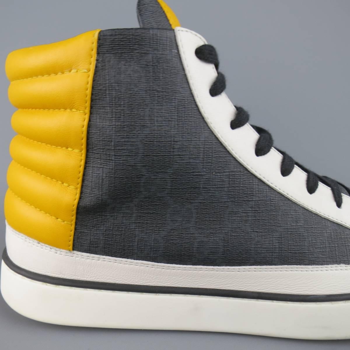 Black Men's GUCCI Size 13.5 White & Yellow Navy Monogram Leather High Top Sneakers