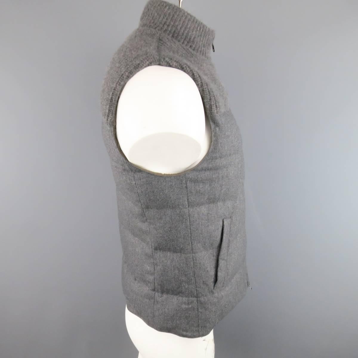 Men's BRUNELLO CUCINELLI S Grey Quilted Wool/ Silk/Cashmere Half Knit Puff Vest In New Condition In San Francisco, CA