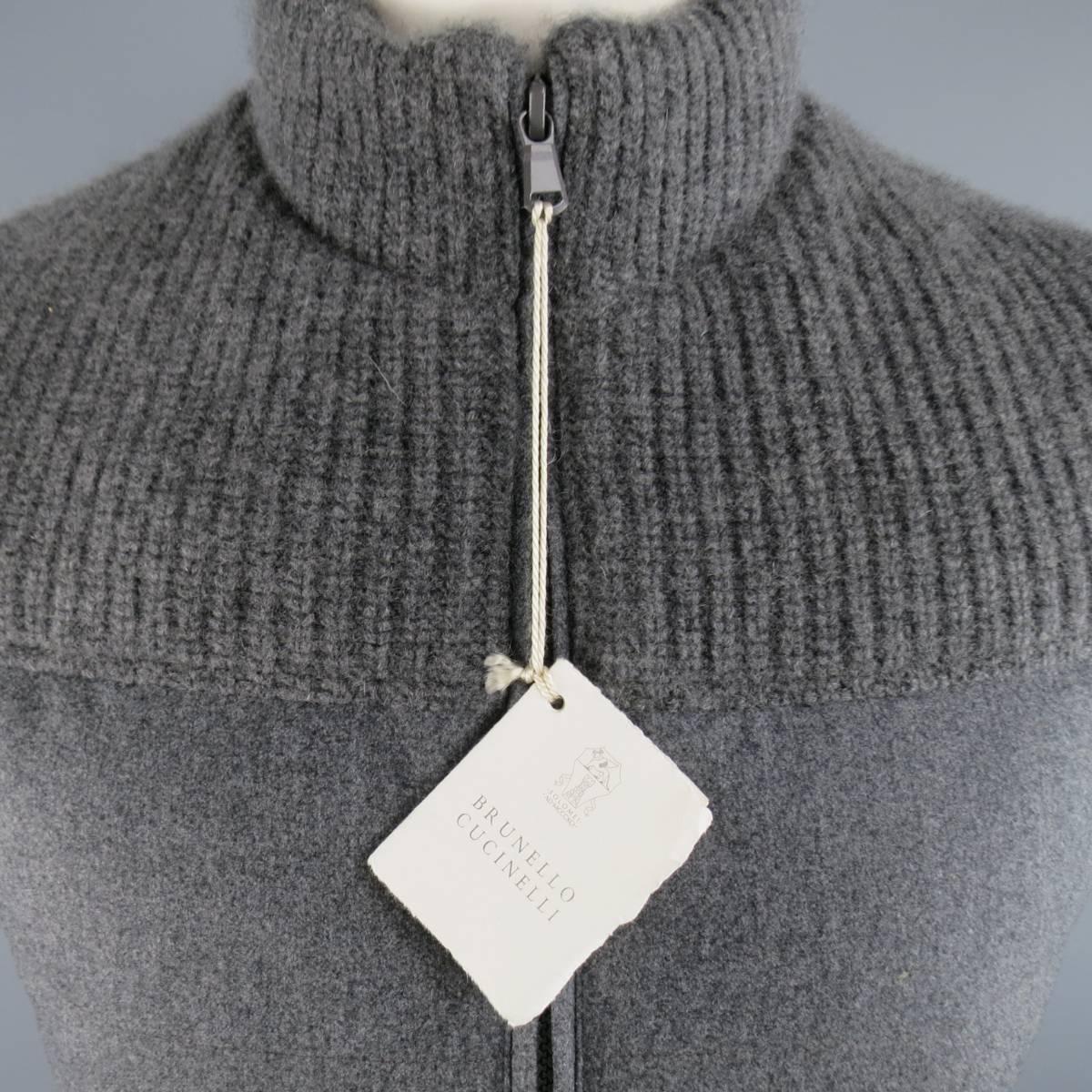 Gray Men's BRUNELLO CUCINELLI S Grey Quilted Wool/ Silk/Cashmere Half Knit Puff Vest