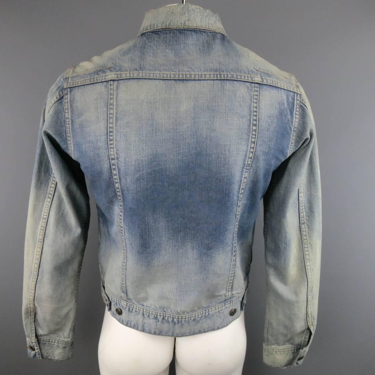 Men's DIOR HOMME 42 Blue Acid Washed Shrunken Denim Trucker Jacket In Excellent Condition In San Francisco, CA