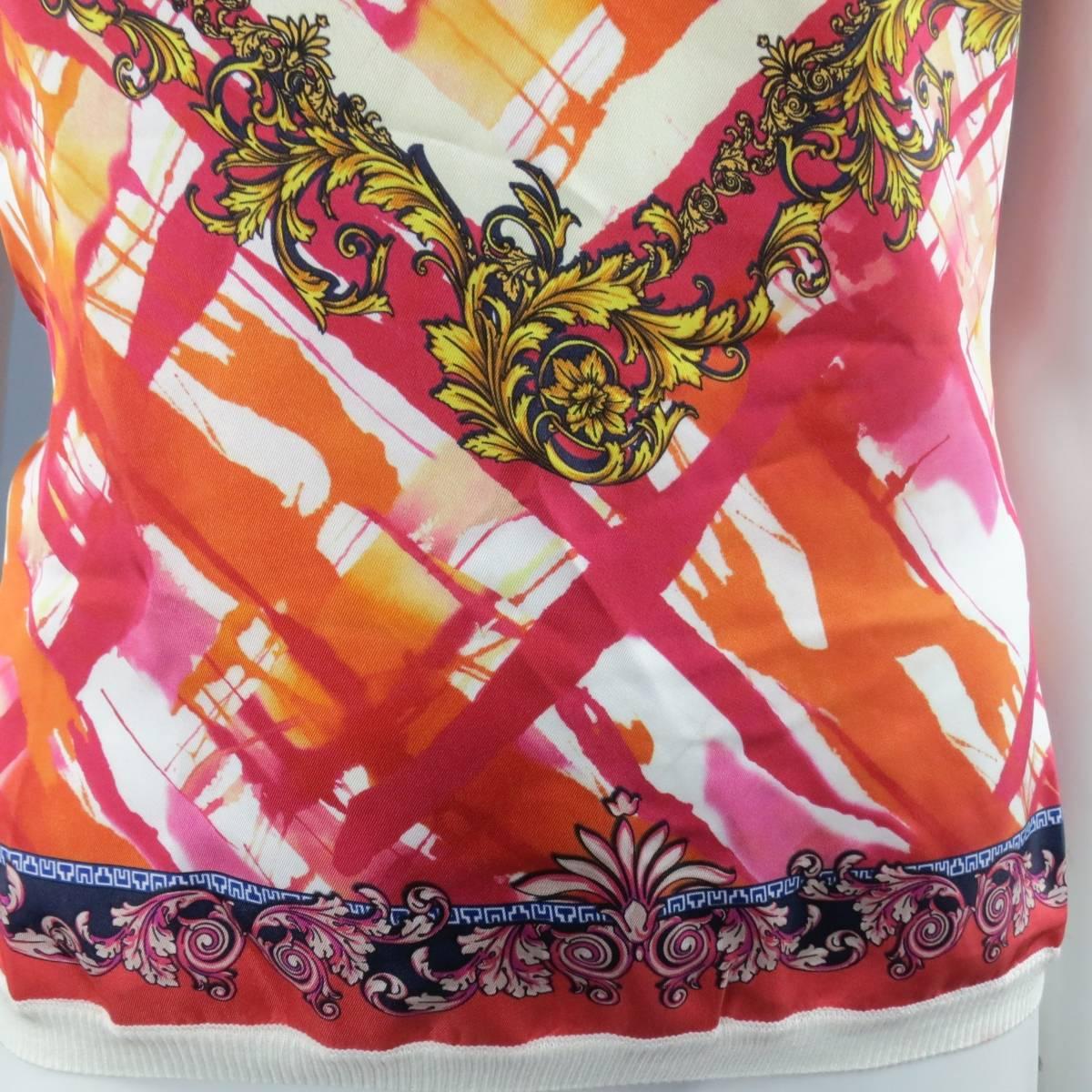 VERSACE Size 8 Pink Orange & Cream Print Silk / Cotton Vest In New Condition In San Francisco, CA