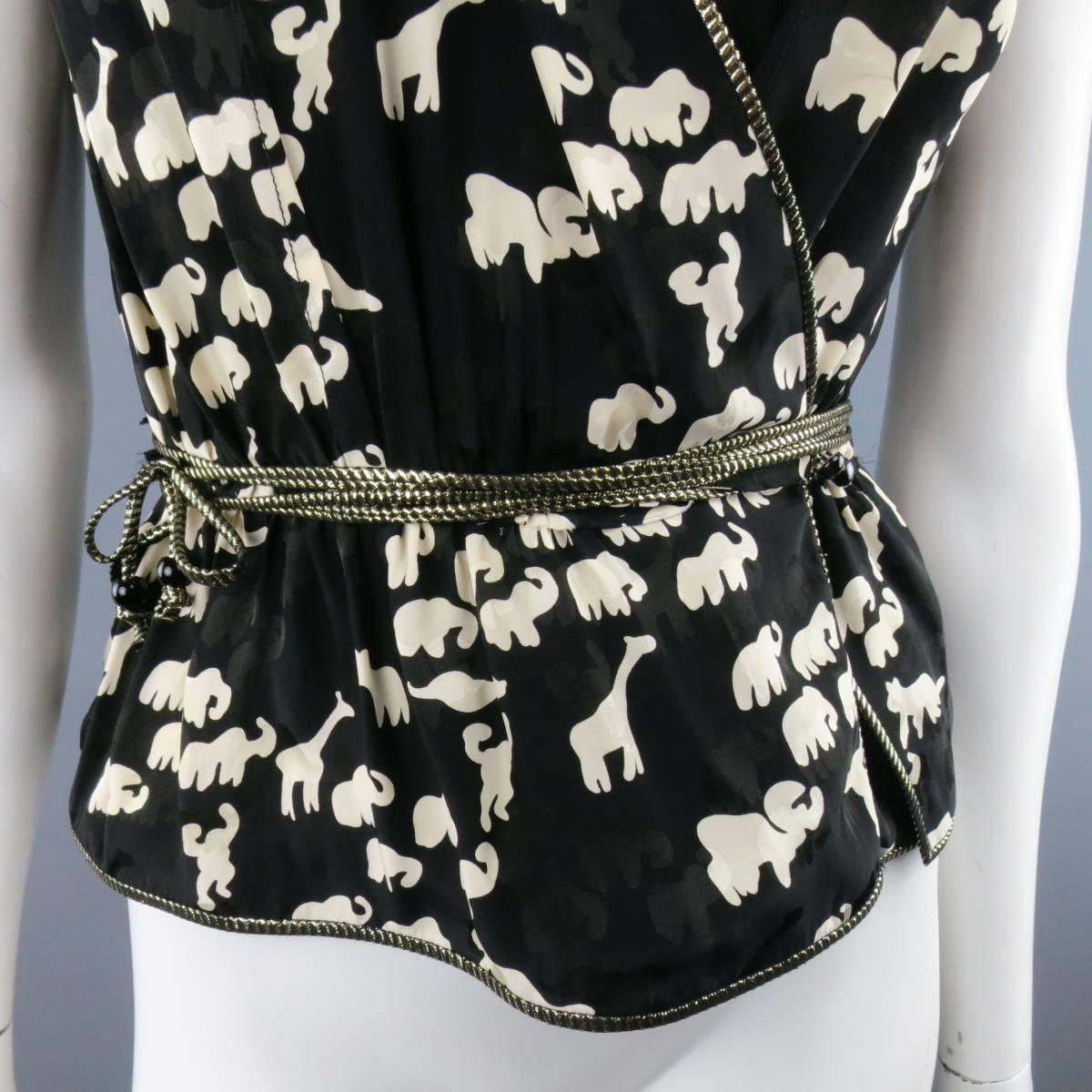 Women's MARC JACOBS Size 4 Black & Beige Animal Print Cap Sleeve Wrap & Tie Blouse