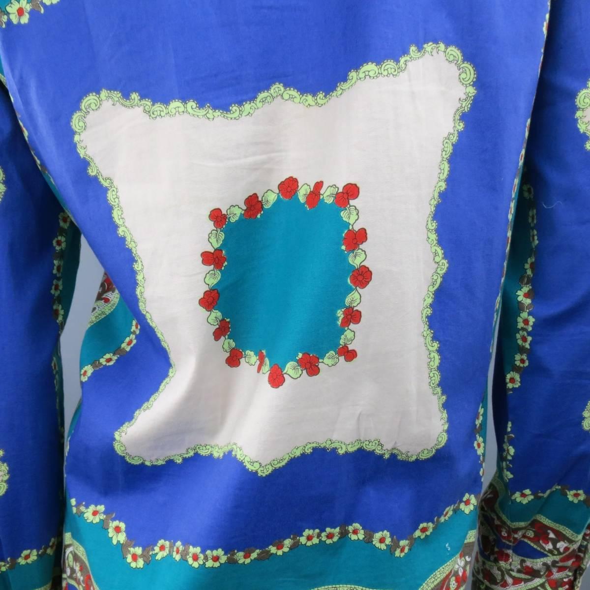 ETRO Shirt, Top, Blouse - Size 14 Blue & Green Floral Bandana Print Cotton 1