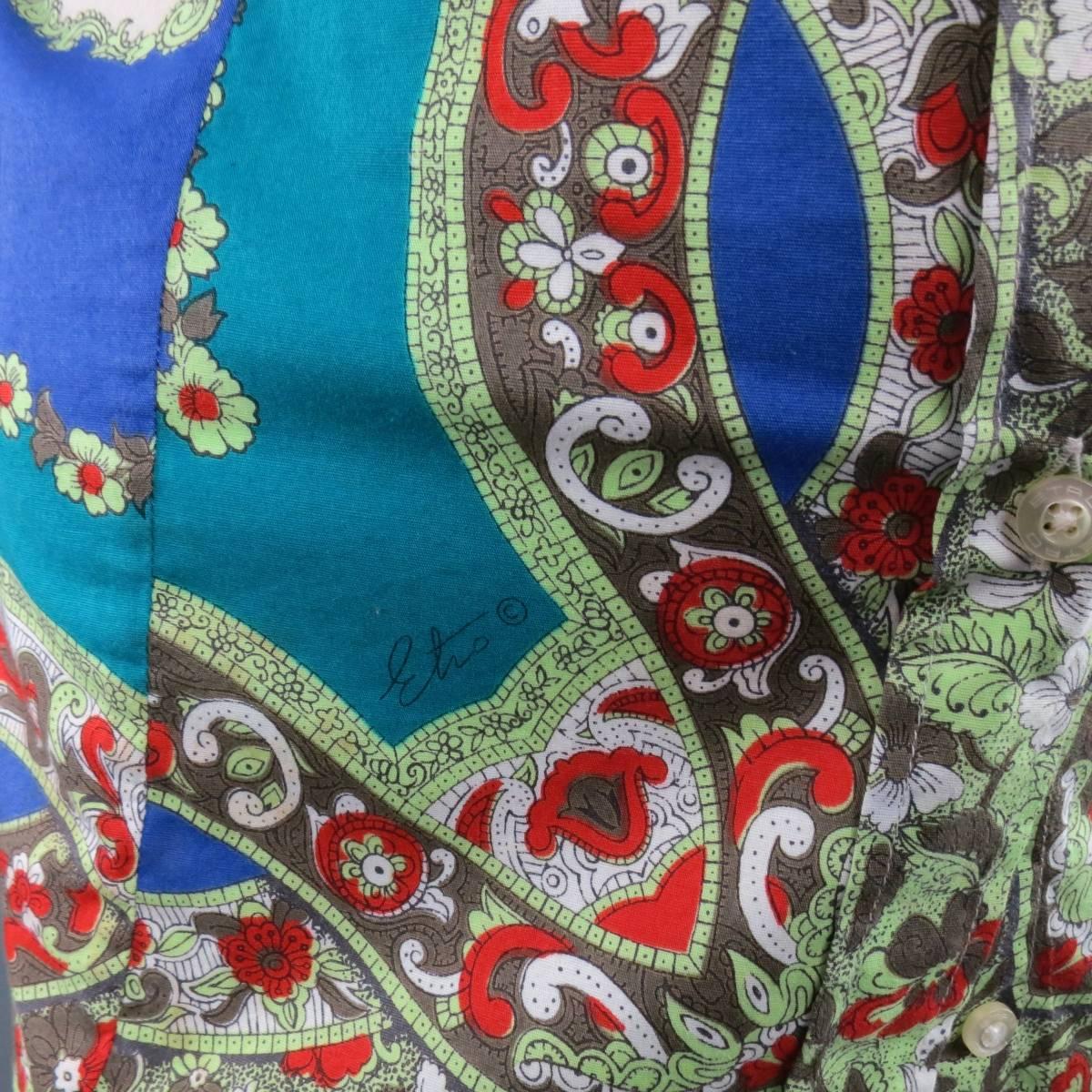 ETRO Shirt, Top, Blouse - Size 14 Blue & Green Floral Bandana Print Cotton In Good Condition In San Francisco, CA