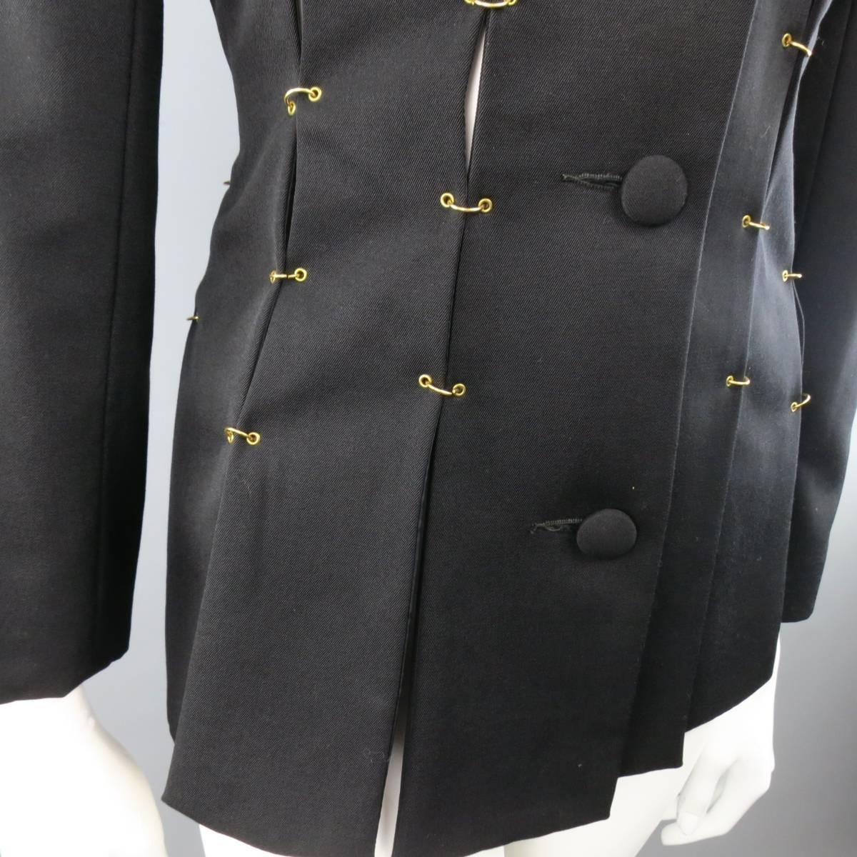 Vintage M.YOKO Size S Black Wool Gold Pierced Slit Jacket In Excellent Condition In San Francisco, CA
