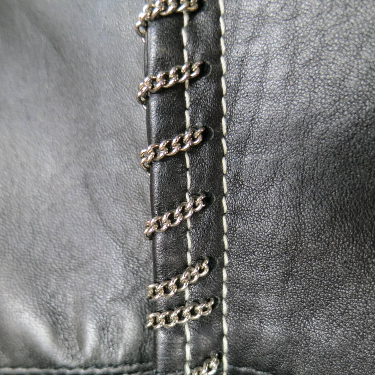 GIANNI VERSACE Jean 2 Black & Silver Contrast Stitch Leather Chain Piping In Excellent Condition In San Francisco, CA