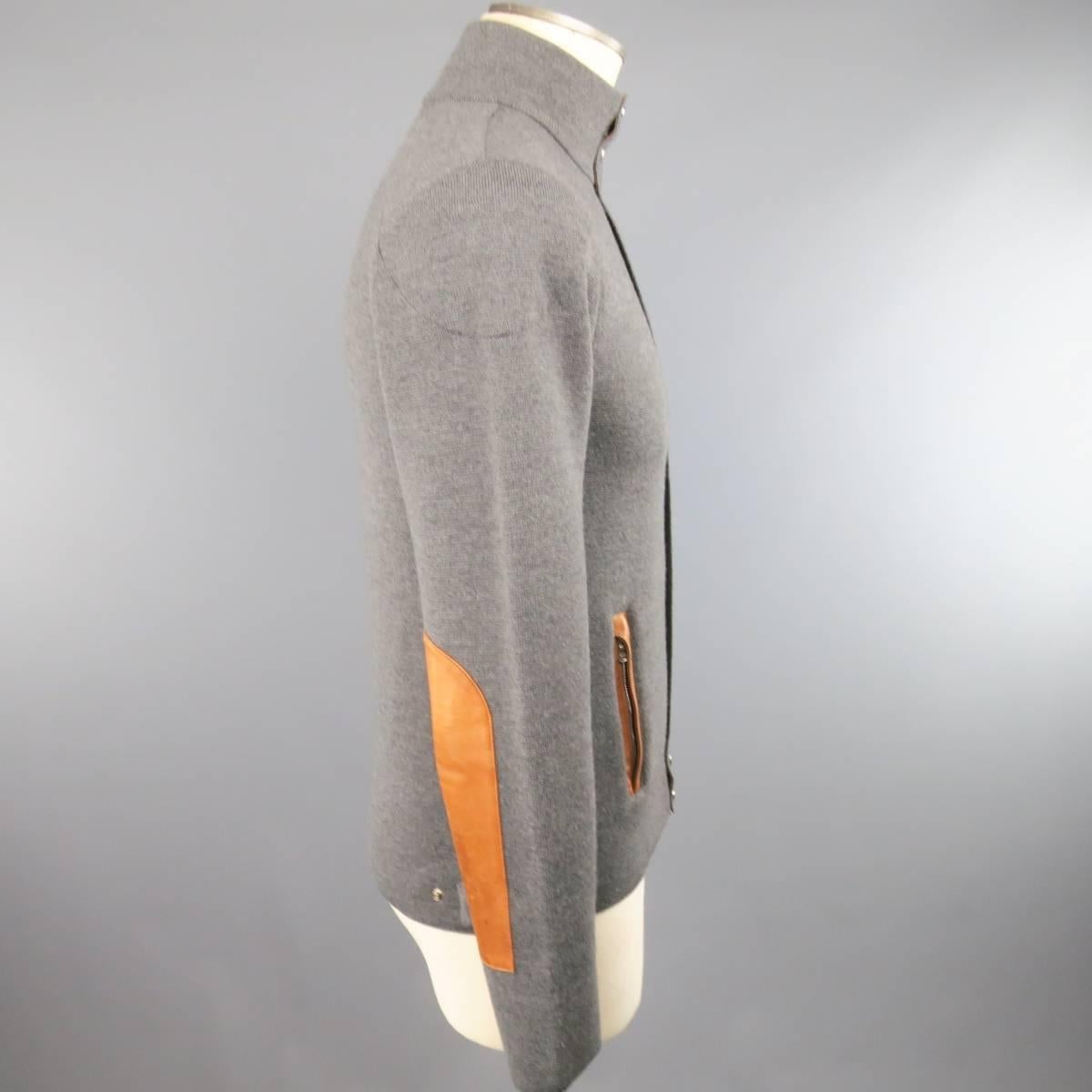 Gray RLX by RALPH LAUREN S Grey Knitted Merino Wool Tan Leather Jacket