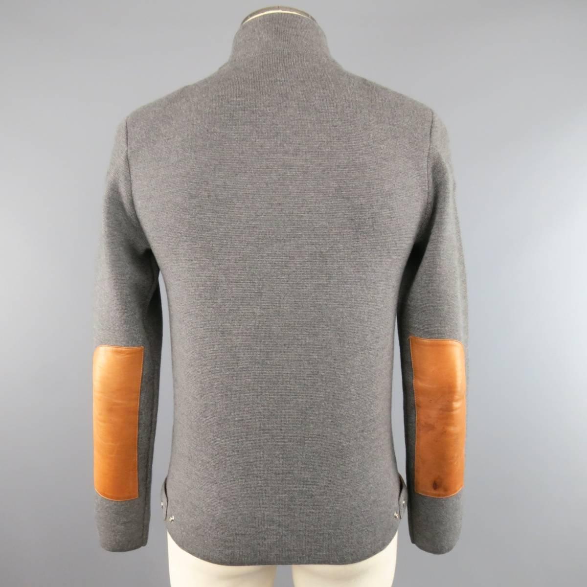 RLX by RALPH LAUREN S Grey Knitted Merino Wool Tan Leather Jacket In Fair Condition In San Francisco, CA